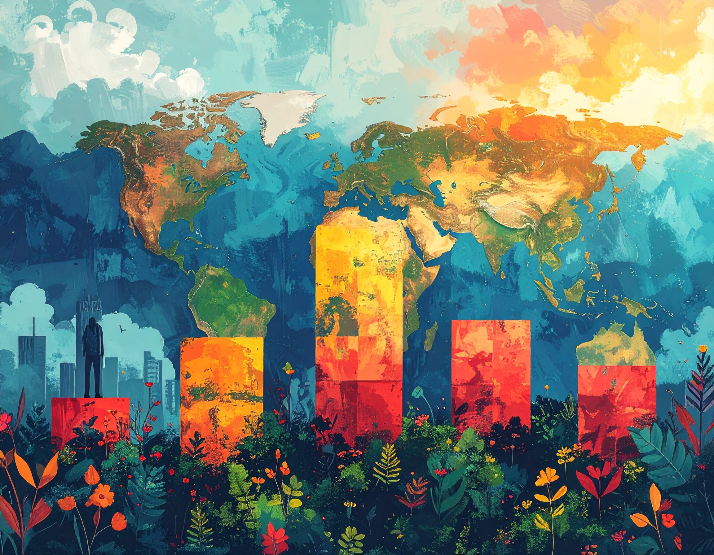 A colorful world map with some statistic graphs