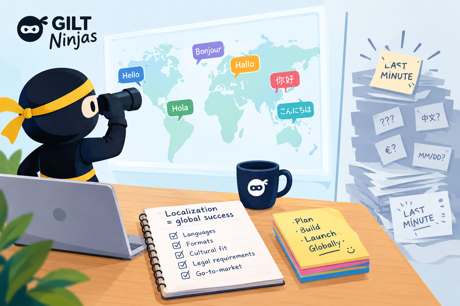 GILT Ninja looks at a world map with binoculars